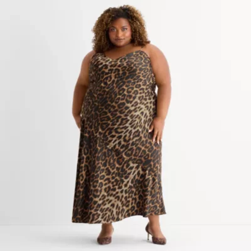Ashley Graham Bias Satin Womens Plus Sleeveless Animal Slip Dress