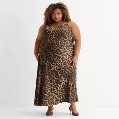 Ashley Graham Bias Satin Womens Plus Sleeveless Animal Slip Dress