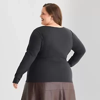 Ashley Graham Wire Notch Womens Plus Scoop Neck Long Sleeve T-Shirt