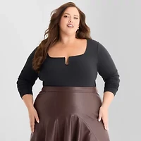 Ashley Graham Wire Notch Womens Plus Scoop Neck Long Sleeve T-Shirt