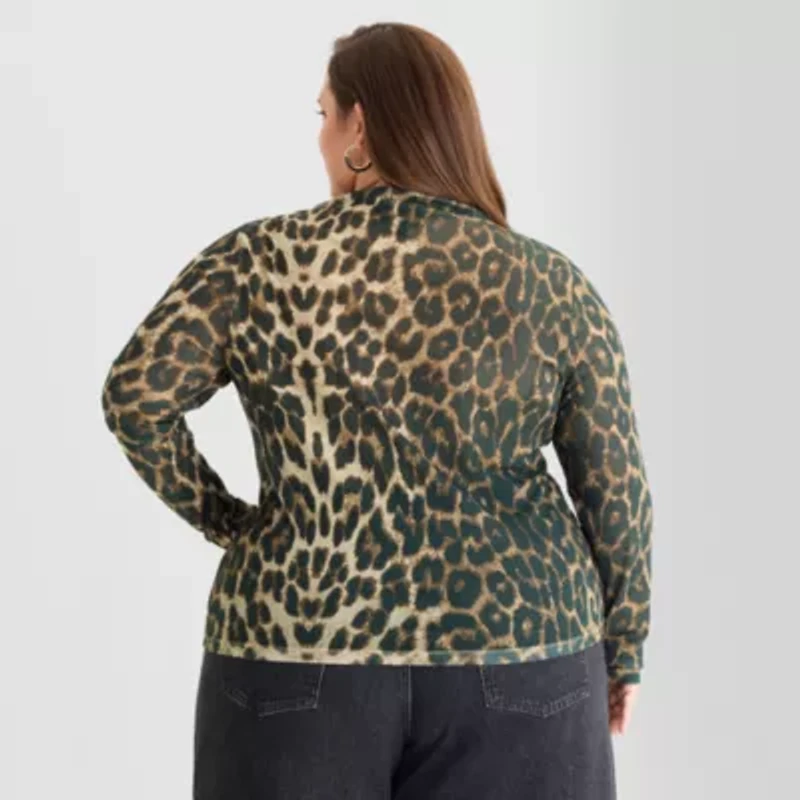 Ashley Graham Mesh Print Womens Plus Mock Neck Long Sleeve T-Shirt