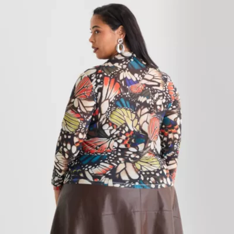 Ashley Graham Mesh Print Womens Plus Mock Neck Long Sleeve T-Shirt