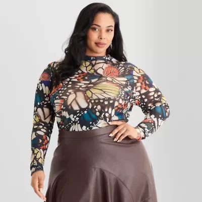Ashley Graham Mesh Print Womens Plus Mock Neck Long Sleeve T-Shirt