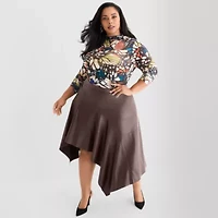 Ashley Graham Mesh Print Womens Plus Mock Neck Long Sleeve T-Shirt