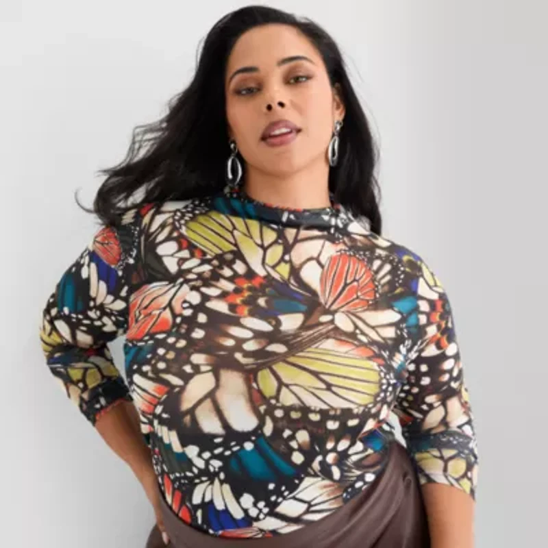 Ashley Graham Mesh Print Womens Plus Mock Neck Long Sleeve T-Shirt
