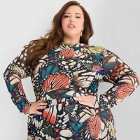 Ashley Graham Mesh Womens Plus Long Sleeve Butterfly Bodycon Dress