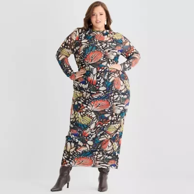 Ashley Graham Mesh Womens Plus Long Sleeve Butterfly Bodycon Dress