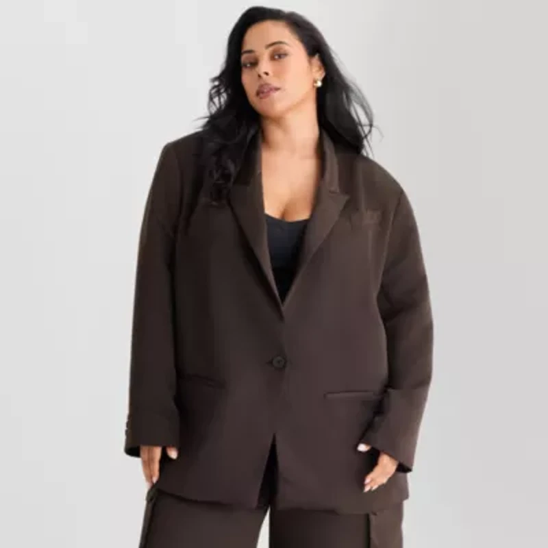 Ashley Graham Satin Womens Plus Relaxed Fit Suit Jacket