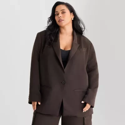 Ashley Graham Satin Womens Plus Relaxed Fit Suit Jacket