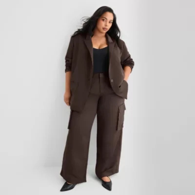 Ashley Graham Satin Womens Plus Relaxed Fit Suit Jacket