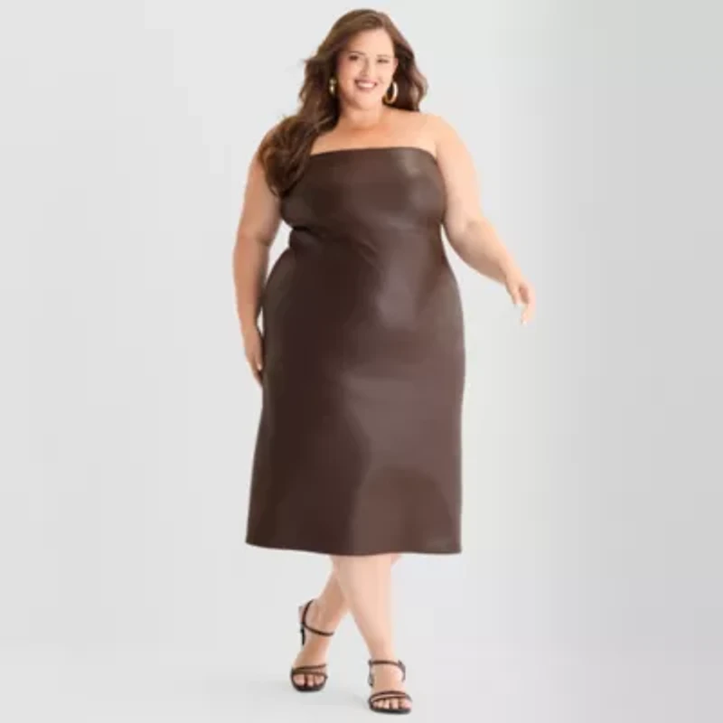Ashley Graham Womens Plus Sleeveless Midi Faux Leather Sheath Dress