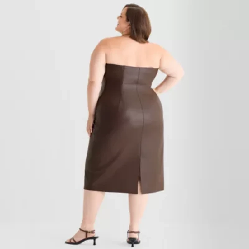 Ashley Graham Womens Plus Sleeveless Midi Faux Leather Sheath Dress