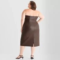 Ashley Graham Womens Plus Sleeveless Midi Faux Leather Sheath Dress
