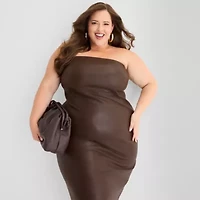 Ashley Graham Womens Plus Sleeveless Midi Faux Leather Sheath Dress
