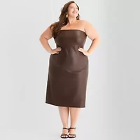 Ashley Graham Womens Plus Sleeveless Midi Faux Leather Sheath Dress