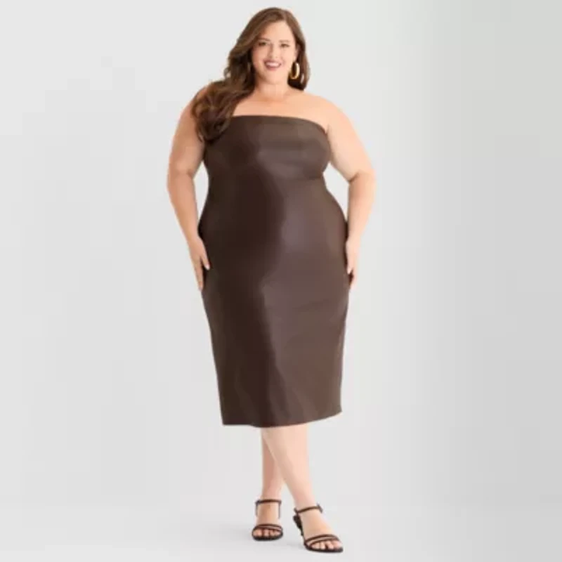 Ashley Graham Womens Plus Sleeveless Midi Faux Leather Sheath Dress