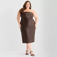 Ashley Graham Womens Plus Sleeveless Midi Faux Leather Sheath Dress