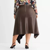 Ashley Graham Womens Plus Midi Faux Leather Asymmetrical Skirt
