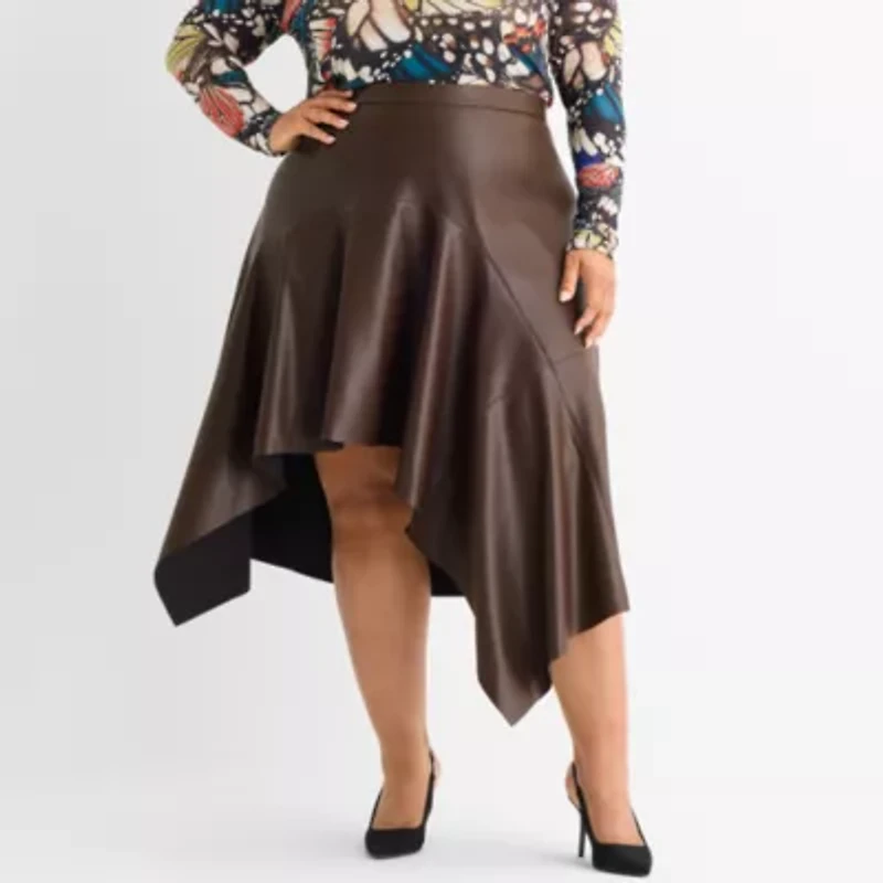 Ashley Graham Womens Plus Midi Faux Leather Asymmetrical Skirt