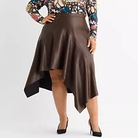 Ashley Graham Womens Plus Midi Faux Leather Asymmetrical Skirt