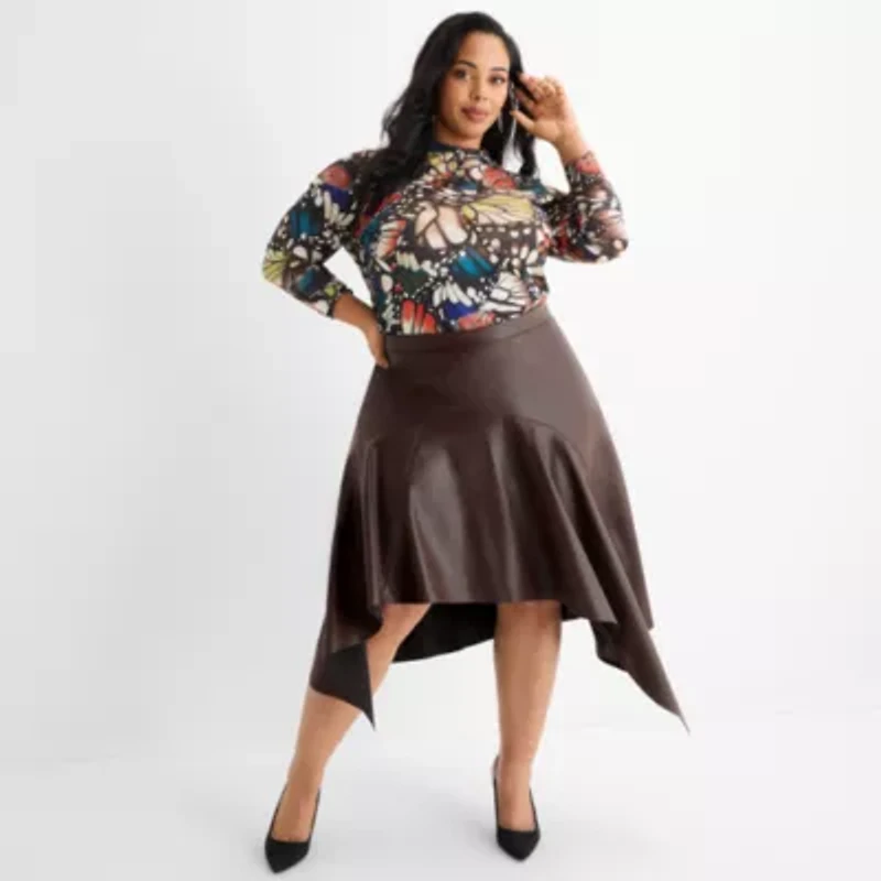 Ashley Graham Womens Plus Midi Faux Leather Asymmetrical Skirt