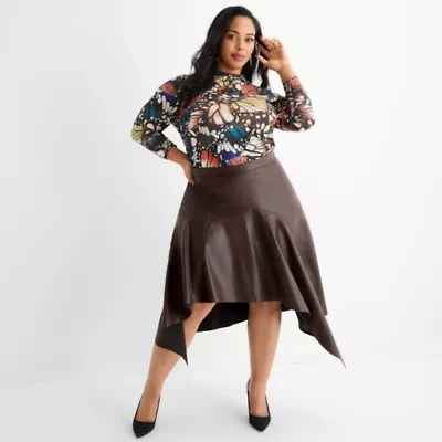 Ashley Graham Womens Plus Midi Faux Leather Asymmetrical Skirt