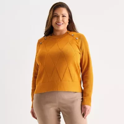 Liz Claiborne Plus Womens Crew Neck Long Sleeve Pullover Sweater