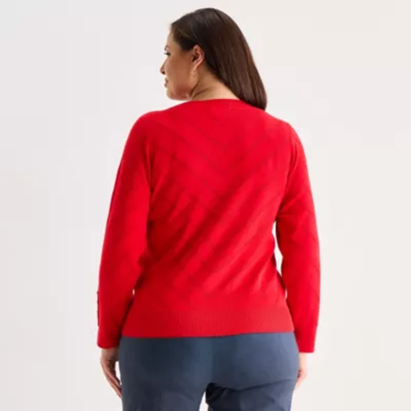 Liz Claiborne Plus Womens Round Neck Long Sleeve Pullover Sweater