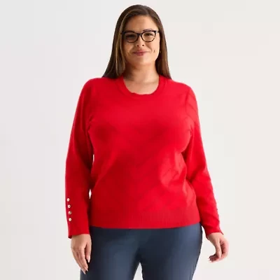 Liz Claiborne Plus Womens Round Neck Long Sleeve Pullover Sweater
