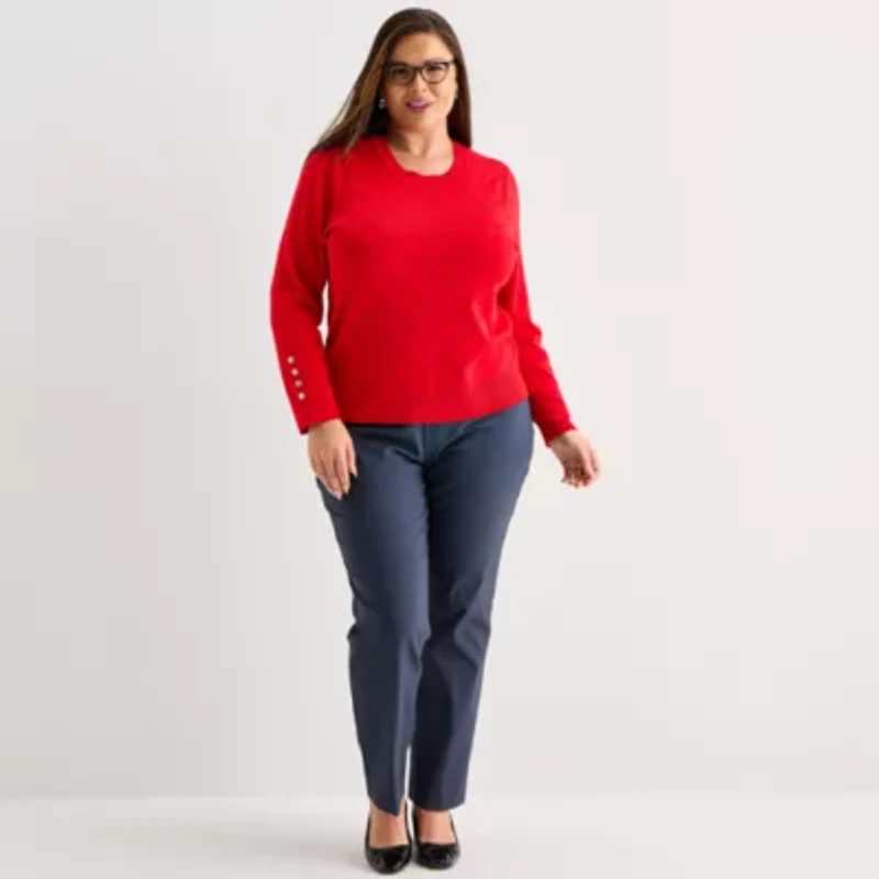 Liz Claiborne Plus Womens Round Neck Long Sleeve Pullover Sweater