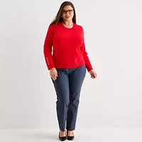 Liz Claiborne Plus Womens Round Neck Long Sleeve Pullover Sweater