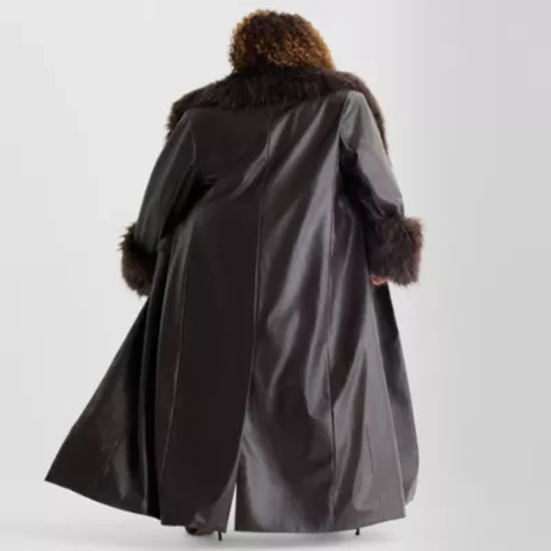 Ashley Graham Womens Plus Faux Fur Wrap Coat