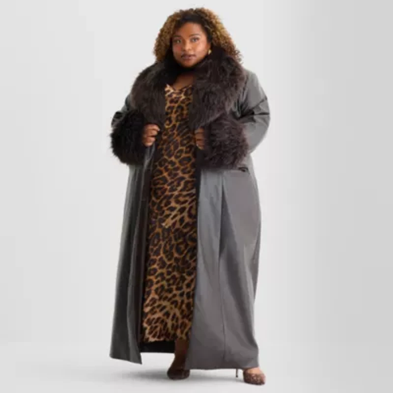 Ashley Graham Womens Plus Faux Fur Wrap Coat