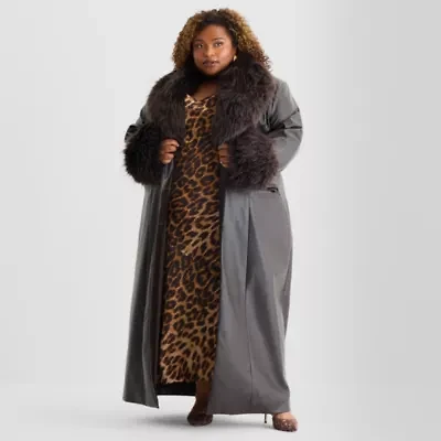 Ashley Graham Womens Plus Faux Fur Wrap Coat