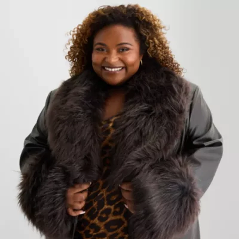 Ashley Graham Womens Plus Faux Fur Wrap Coat