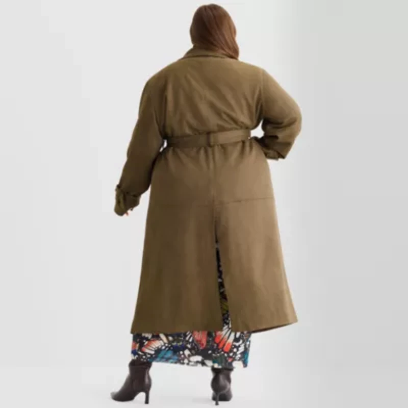 Ashley Graham Womens Plus Faux Suede Trench Coat