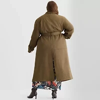 Ashley Graham Womens Plus Faux Suede Trench Coat