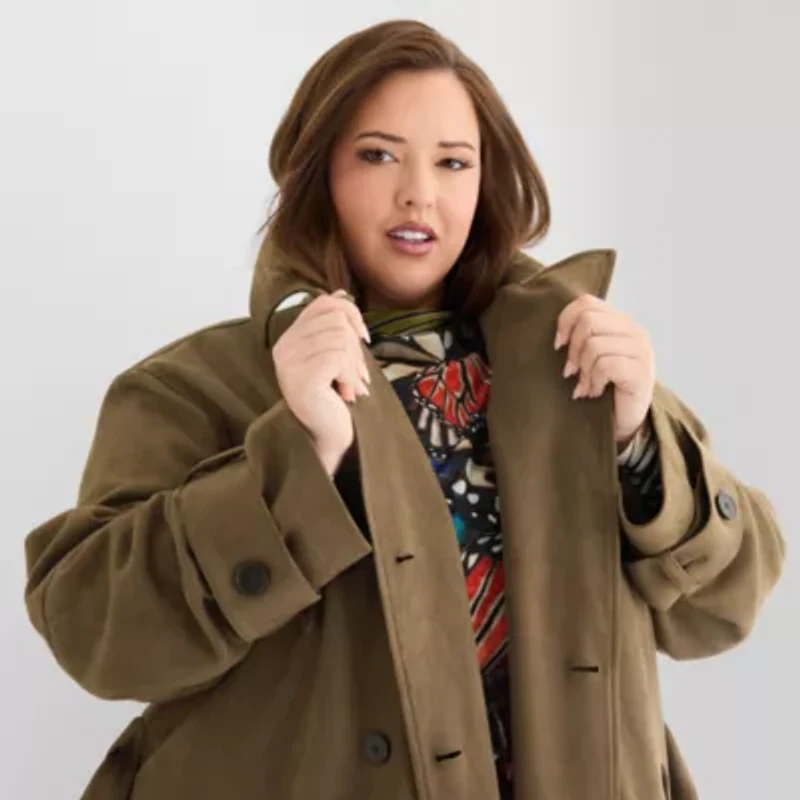 Ashley Graham Womens Plus Faux Suede Trench Coat
