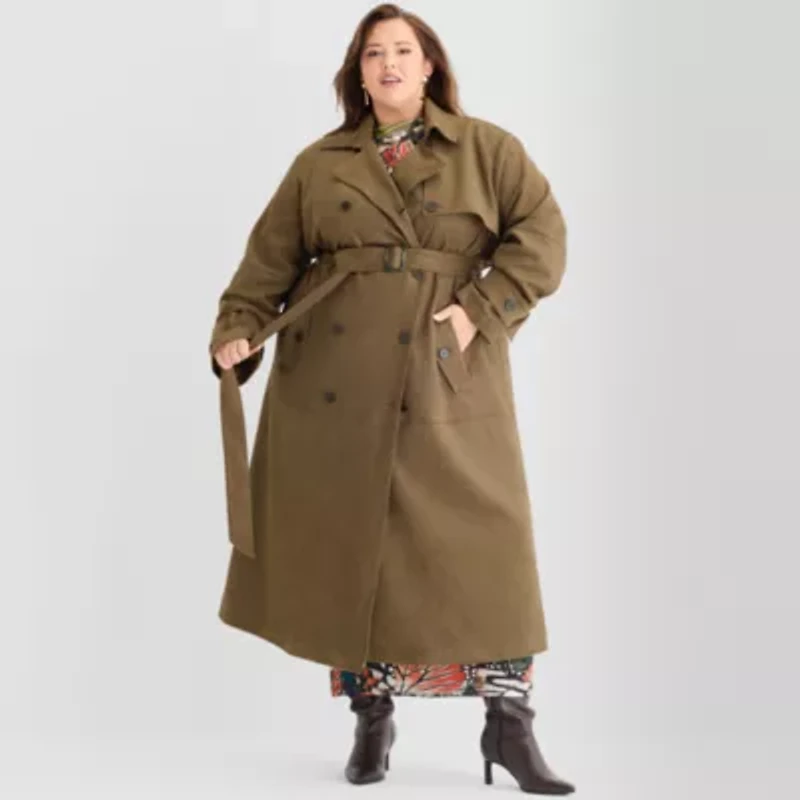 Ashley Graham Womens Plus Faux Suede Trench Coat