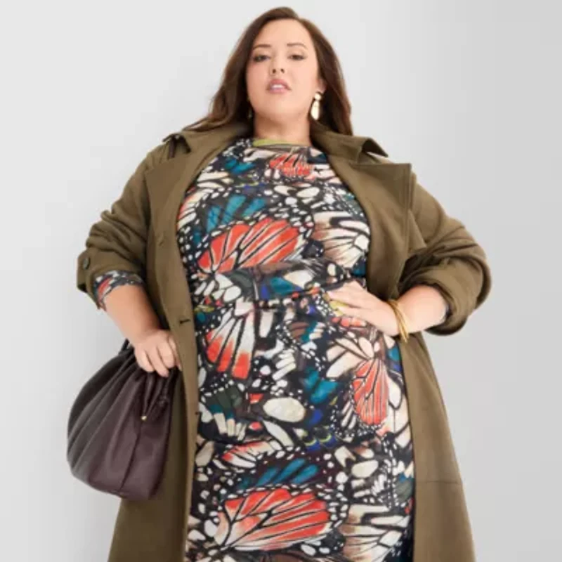 Ashley Graham Womens Plus Faux Suede Trench Coat