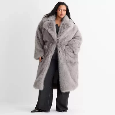 Ashley Graham Womens Plus Faux Fur Coat