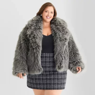 Ashley Graham Womens Plus Faux Fur Midweight Cropped Coat