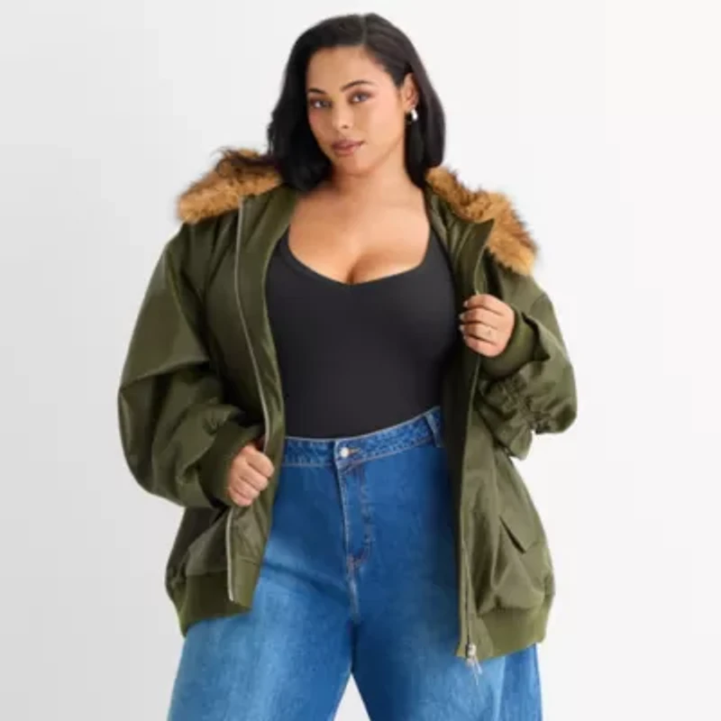Ashley Graham Womens Plus Midweight Bomber Jacket