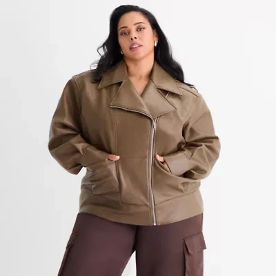 Ashley Graham Womens Plus Faux Leather Midweight Motorcycle Jacket