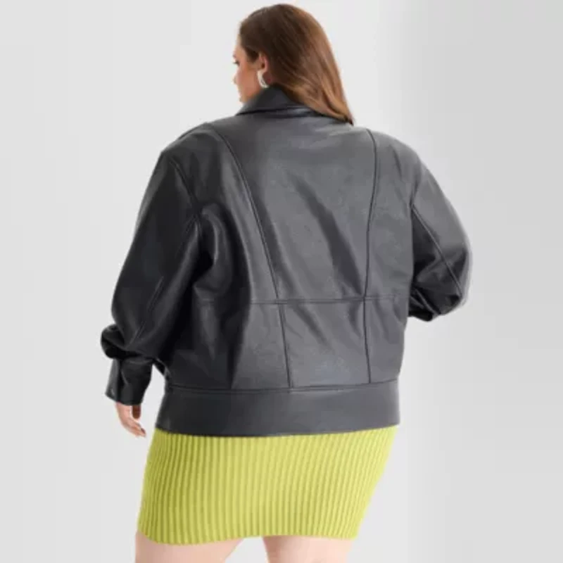 Ashley Graham Womens Plus Faux Leather Midweight Motorcycle Jacket