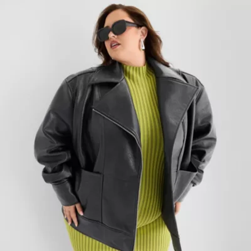Ashley Graham Womens Plus Faux Leather Midweight Motorcycle Jacket