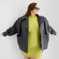 Ashley Graham Womens Plus Faux Leather Midweight Motorcycle Jacket
