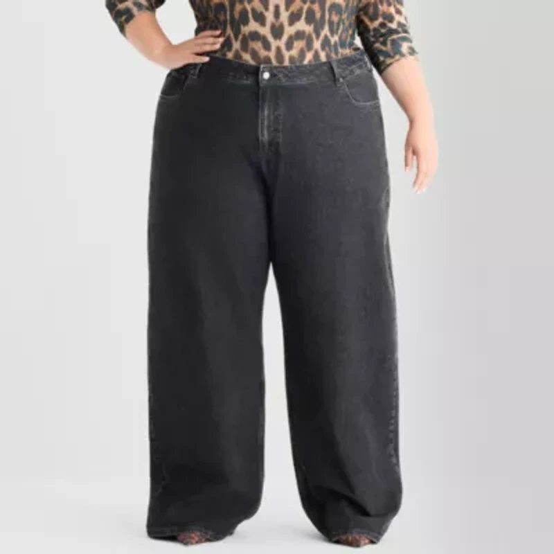 Ashley Graham Slouchy Womens Plus High Rise Wide Leg Jean
