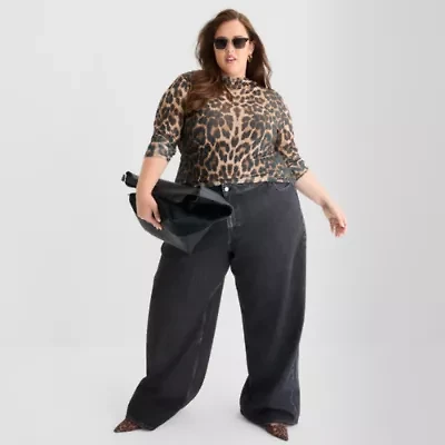 Ashley Graham Slouchy Womens Plus High Rise Wide Leg Jean