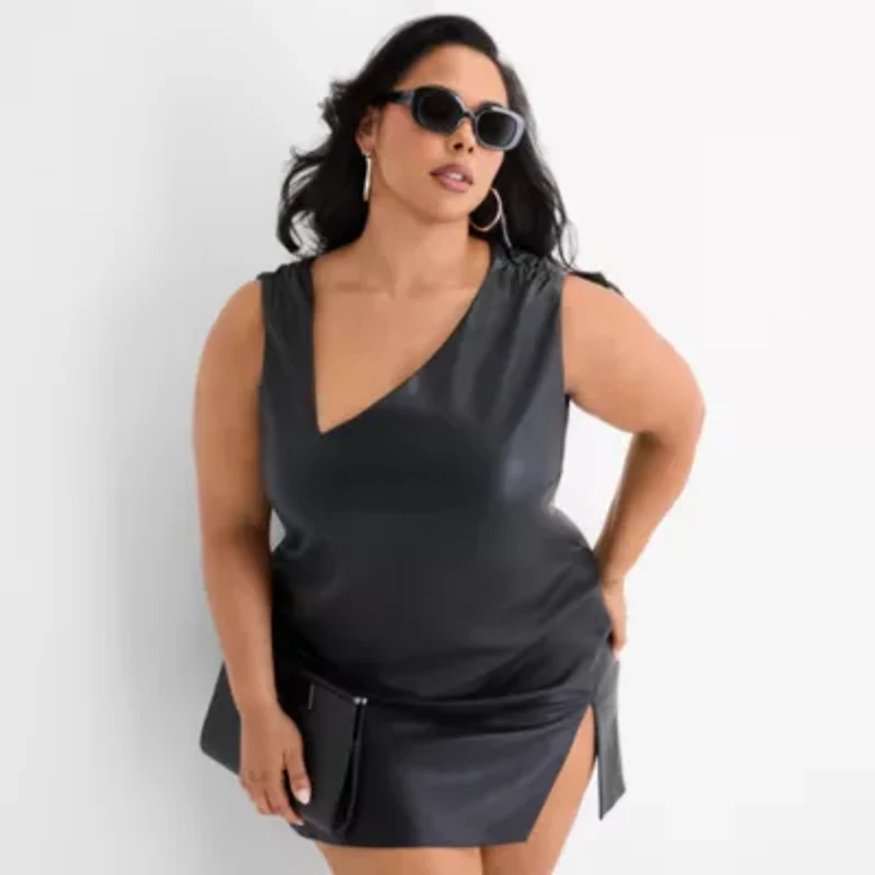 Ashley Graham Mini Womens Plus Sleeveless Faux Leather Sheath Dress
